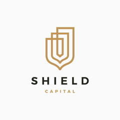 Gold Golden Shield Protector Security Outline Logo Vector Icon Illustration
