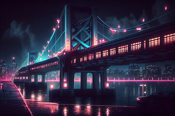 Night neon Bridge over river or bay with cityscape background. Neon colors future city cyberpunk landscape