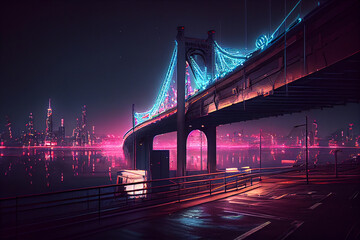 Fototapeta na wymiar Night neon Bridge over river or bay with cityscape background. Neon colors future city cyberpunk landscape
