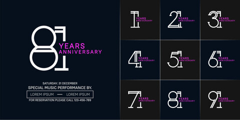 set of anniversary white and purple color with dark color background for special celebration event