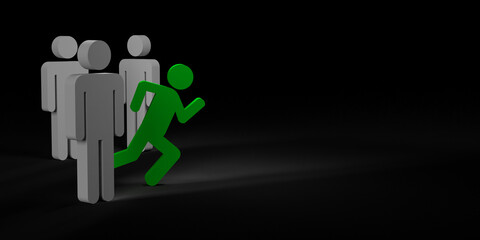 Unique running green human shape stickman among group. 3D render leadership, individuality and standing out of crowd concept. Illustration background for business career, teamwork, copy space. 