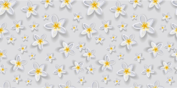Gentle trendy seamless vector pattern with flowers. White flowers. Petunia. Gray background. Elegant pattern for textiles and interior fabric design..