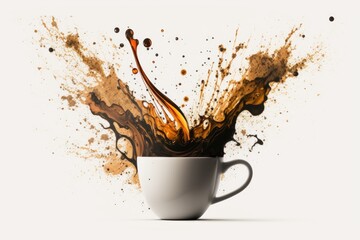 a white background with an image of hot coffee in a white cup is used as the backdrop. Generative AI