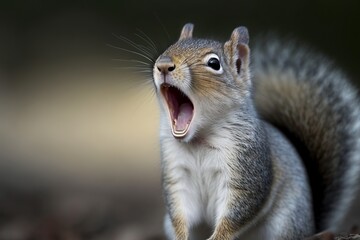 Grey squirrel yawning funny. Generative AI
