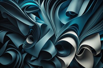 , an abstract blue modern background, a macro shot of folded ribbons, and a wallpaper design with wavy layers and ruffles. Generative AI