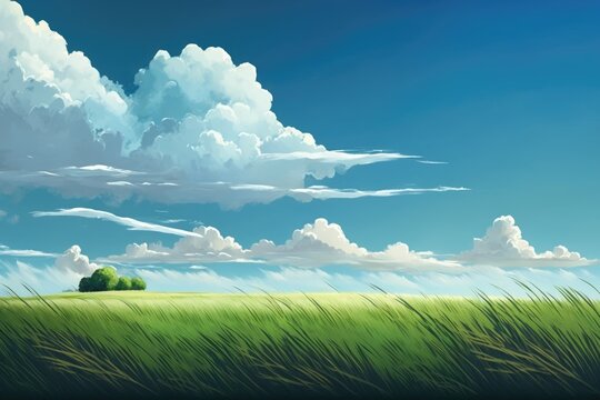 a grassy field with a white cloud and a blue sky. Background landscape of nature. Generative AI