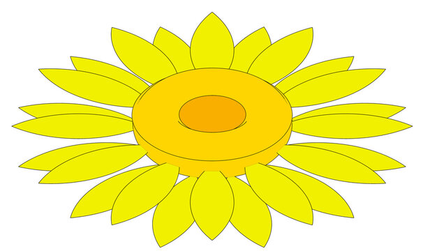 spring, sunflower flower, graphic design in three-dimensional 3d form, with yellow petals and orange seed center.