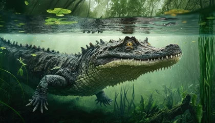 Fototapeten Close look of crocodile swimming in superimposed illustrations, ai art © Yexl