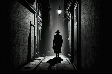 Cunning thief sneaks in a dark alleyway in gritty noir style with deep shadows and sharp angles. --ar 3:2 Generative AI