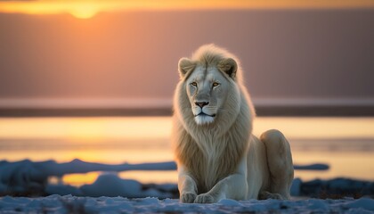 White Lion in the Arctic at golden hour. Generative AI.