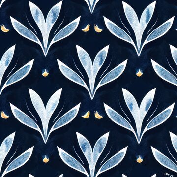 Japanese art prints and textiles concept. Katagami. Indigo dyeing. Traditional Japanese technique, repetitive patterns. Kimono, yukata, tenugui design. Wallpaper, background, wrapping design. AI image