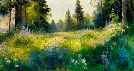 Watercolor paintings landscape with flowers, morning in the forest. Artwork, fine art. - 580878107