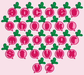 Alphabet  in beet root shapes. Isolated vector illustration in beet root shapes. English alphabet  letters of beet root shapes. Colorful letters vector alphabet set on beet root shapes