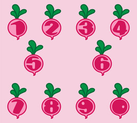 Numbers  in beet root shapes. Isolated vector illustration in beet root shapes. Numbers of beet root shapes. Colorful numbers vector alphabet set on beet root shapes