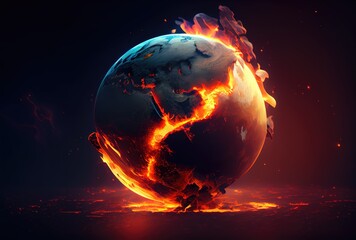 Burning earth with lava on dark background. Global warming and Environment conservation concept. Generative AI