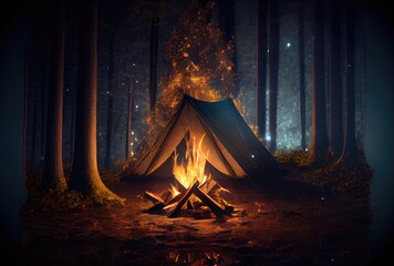Campfire in the dark forest. Camping and Leisure hobbies activities concept. Generative AI