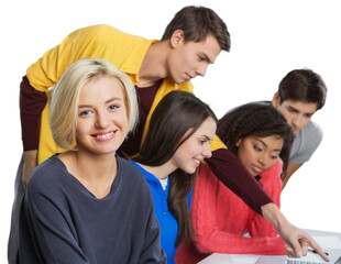 Teenager young cute happy friends using a laptop computer