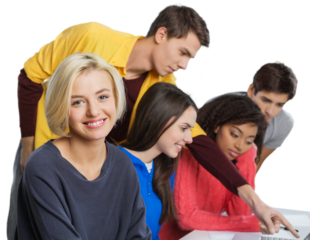 Teenager young cute happy friends using a laptop computer