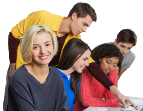 Teenager young cute happy friends using a laptop computer