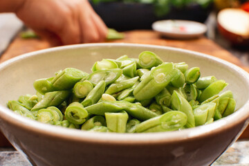 Delicious Chopped Cooked Green Beans in Ceramic Bowl