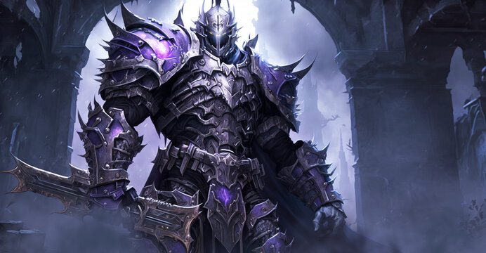 Purple death knight full armor holding a weapon.  Fantasy image created with generative ai