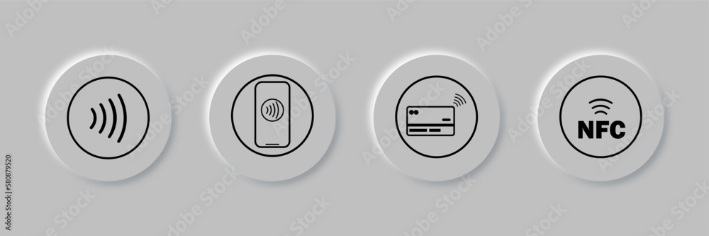 Poster nfc set of icons type of contactless payment with various devices set of icons of contactless paymen