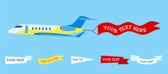 Aircrafts in sky with banners for text cartoon illustration set