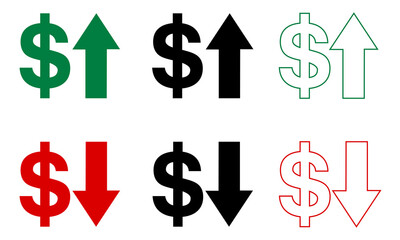 Increase dollar price, decrease arrow icons near dollar icon. Dolar icon collection with interest arrows. Increase, decrease in dollar value, icons of growth elements eps10.