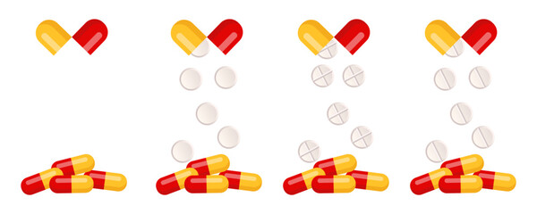 Powdered tablets in capsules, yellow-red capsules, opening tablets, set of medicines, eps10