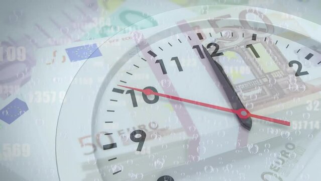 Animation of clock ticking over euro currency bills