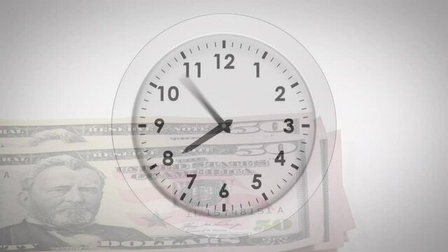 Animation of clock ticking over american dollar bills