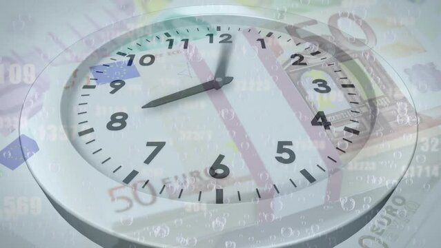 Animation of clock ticking over euro currency bills