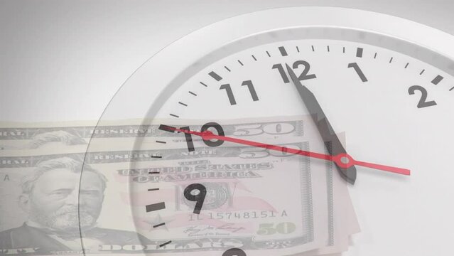Animation of clock ticking over american dollar bills
