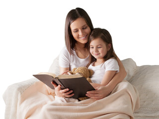 Happy mother and child girl reading a book.