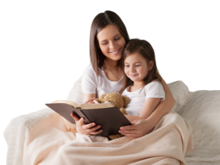 Happy mother and child girl reading a book.