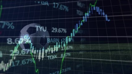 Animation of financial data processing over football in field - Powered by Adobe