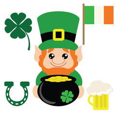 Cute St Patricks day leprechaun vector cartoon illustration