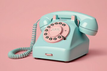 The simplicity of this blue vintage telephone on a pink pastel color background is perfect for a variety of design projects. Its minimal idea concept Generative AI