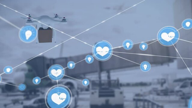 Animation of network of connections with icons over drone and airport