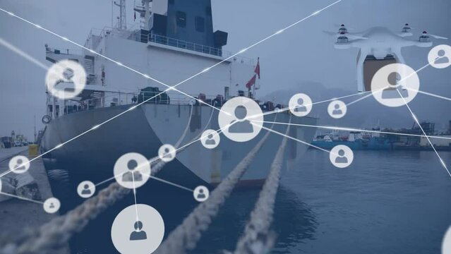 Animation of network of connections with icons over drone and ship