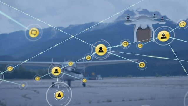 Animation of network of connections with icons over drone and plane