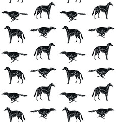 Vector seamless pattern of hand drawn sketch doodle Russian borzoi dog isolated on white background