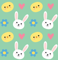 Vector seamless pattern of flat hand drawn Easter chick and bunny isolated on green background