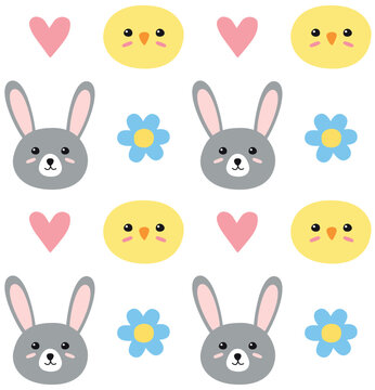 Vector seamless pattern of flat hand drawn Easter chick and bunny isolated on white background