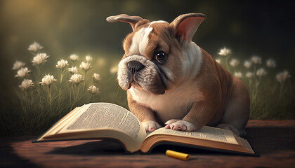 Cute Bulldog Reading a Book Generative Art