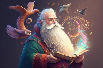 Wise wizard, long beard, playful illustrations, whimsical colors. Generative AI