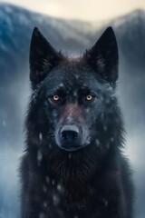 Portrait of a black wolf under snowfall in winter. Generative AI.