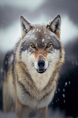 Growling gray wolf under snowfall in winter. Generative AI.