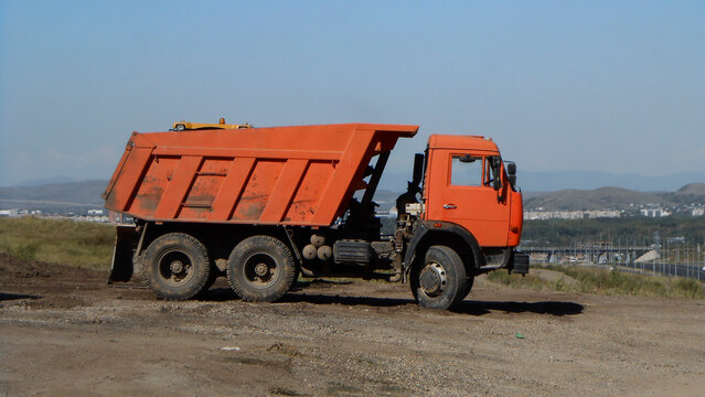 Ust-Kamenogorsk, kz &ndash; August 26, 2021. Dump truck KAMAZ on the parking. Russian truck.