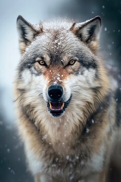 Growling gray wolf under snowfall in winter. Generative AI.